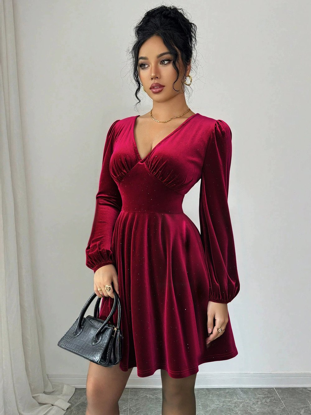 ZARA Retro Wine Red Velvet Puff Sleeve Pleated Bodycon Short Dress